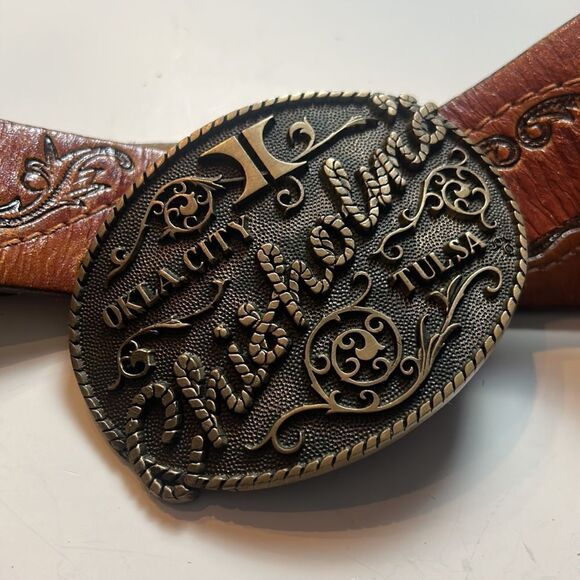 leather tooled belt with buckle hand stained latitan sz 36 western cowboy rodeo - Picture 1 of 11